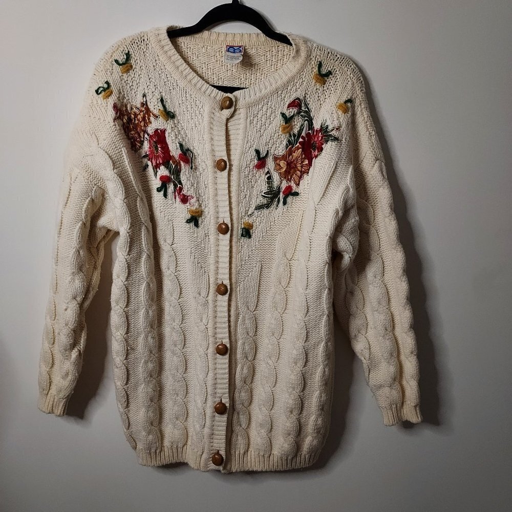 Vintage 80's Bleu Blanc Rouge Wool Blend Embroidered Ivory Cardigan Sweater